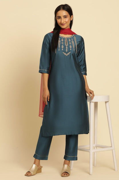 Blue Embroidered Shantung Kurta, Pants And Dupatta Set - wforwoman