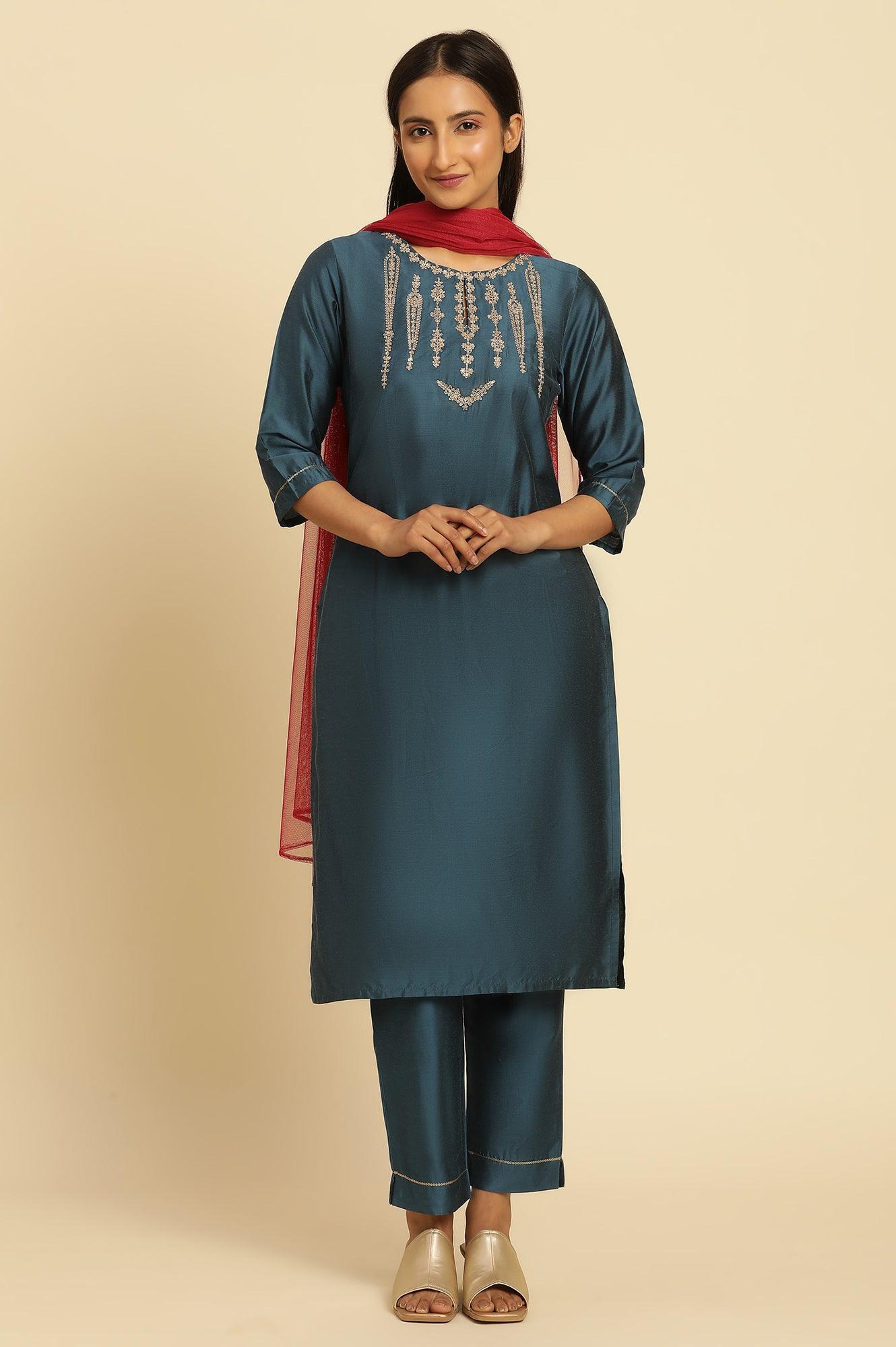 Blue Embroidered Shantung Kurta, Pants And Dupatta Set - wforwoman