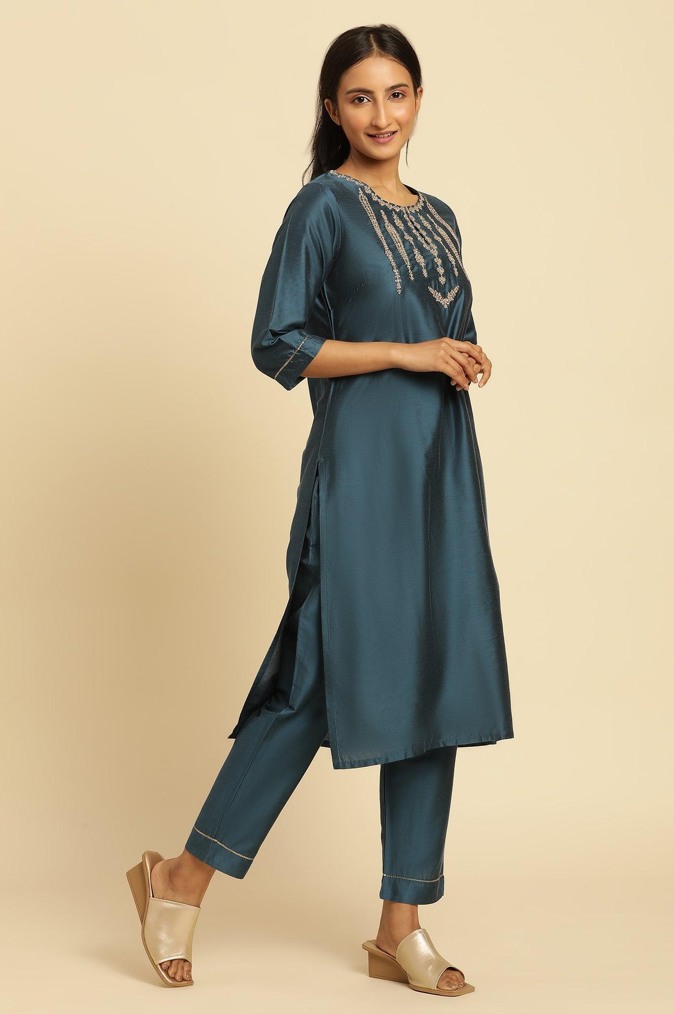 Blue Embroidered Shantung Kurta, Pants And Dupatta Set - wforwoman