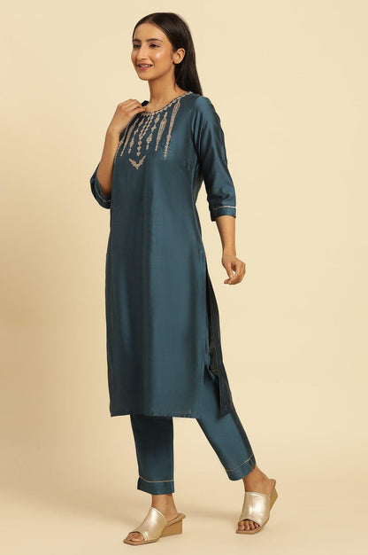 Blue Embroidered Shantung Kurta, Pants And Dupatta Set - wforwoman