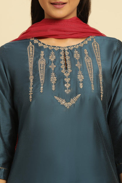 Blue Embroidered Shantung Kurta, Pants And Dupatta Set - wforwoman