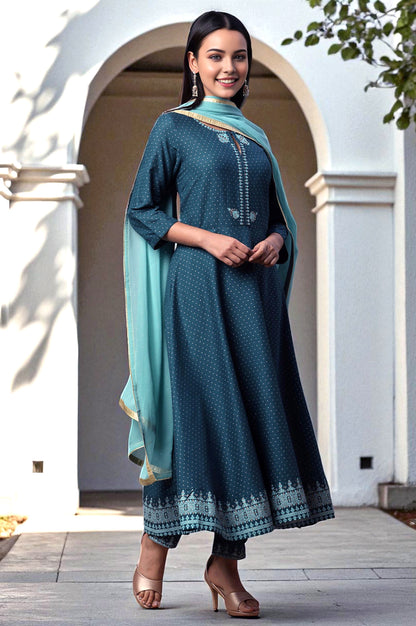Teal Green Embellished Flared Kurta, Pants And Dupatta Set