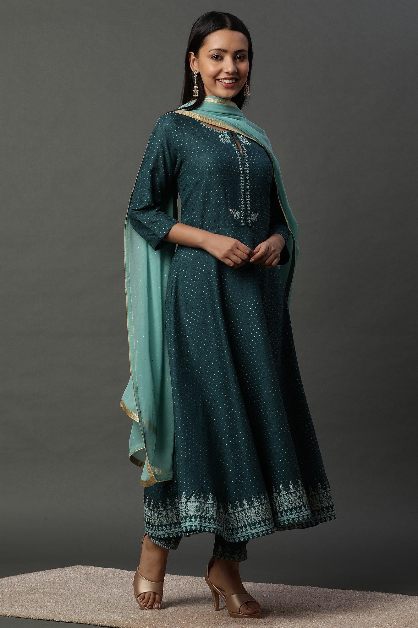 Teal Green Embellished Flared Kurta, Pants And Dupatta Set - wforwoman