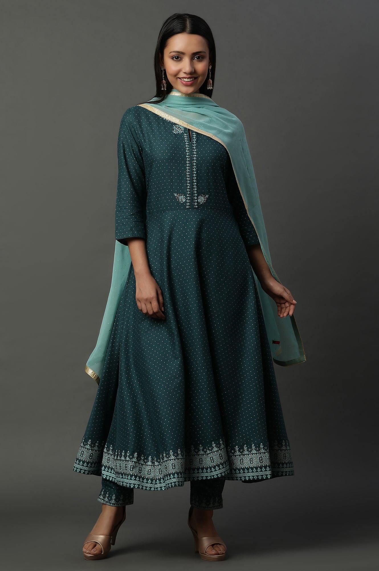 Teal Green Embellished Flared Kurta, Pants And Dupatta Set - wforwoman