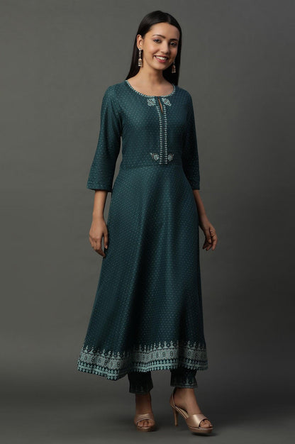 Teal Green Embellished Flared Kurta, Pants And Dupatta Set - wforwoman