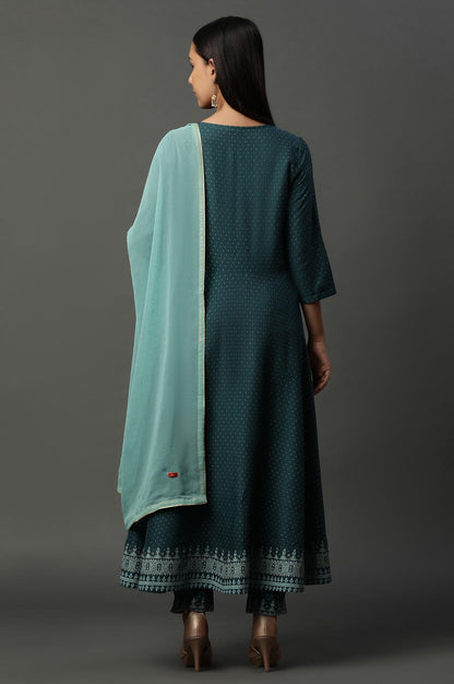 Teal Green Embellished Flared Kurta, Pants And Dupatta Set - wforwoman