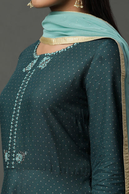 Teal Green Embellished Flared Kurta, Pants And Dupatta Set - wforwoman