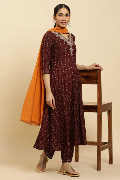 Brown Embroidered Flared Kurta, Pants And Dupatta Set - wforwoman