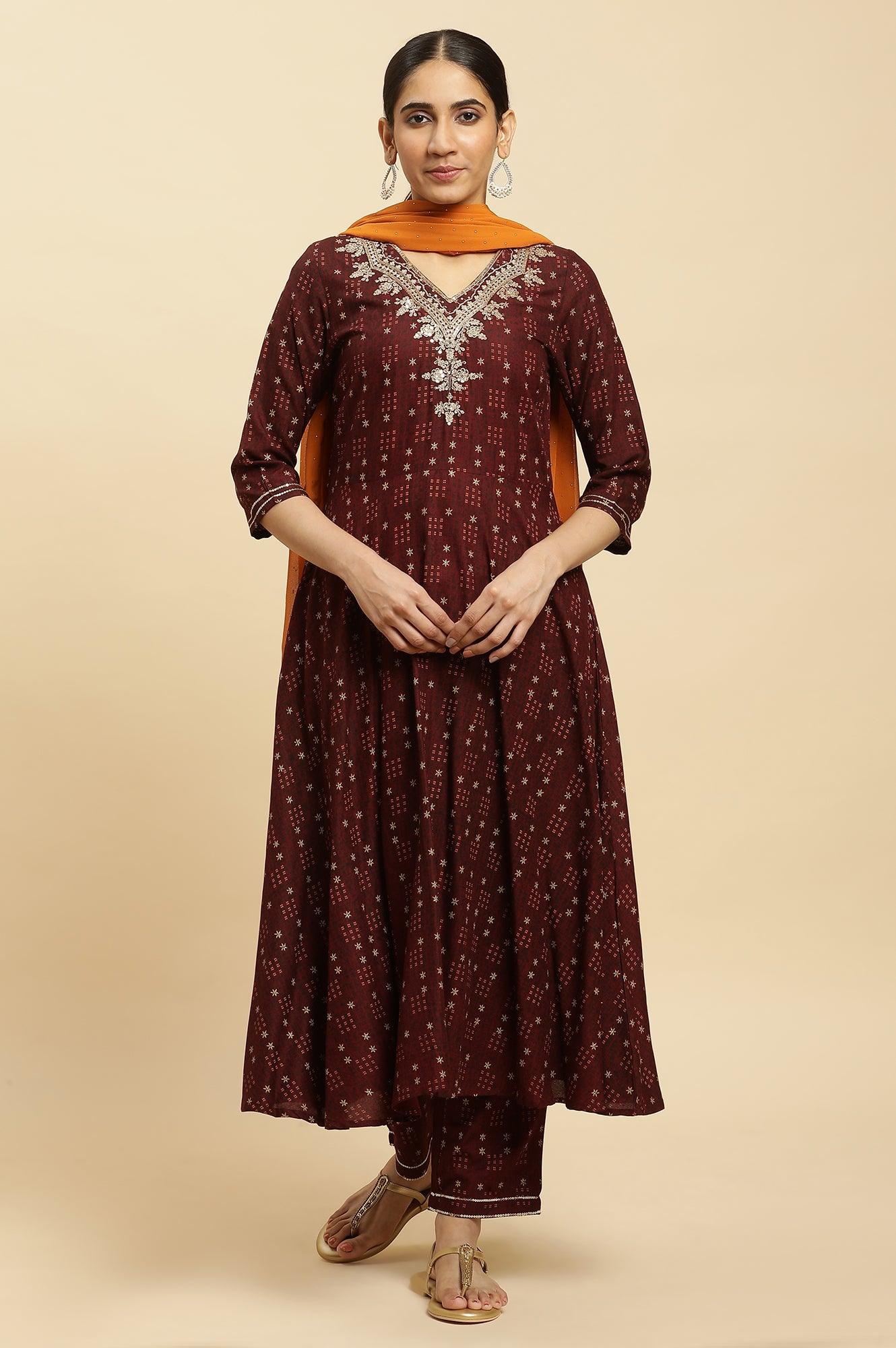 Brown Embroidered Flared Kurta, Pants And Dupatta Set - wforwoman