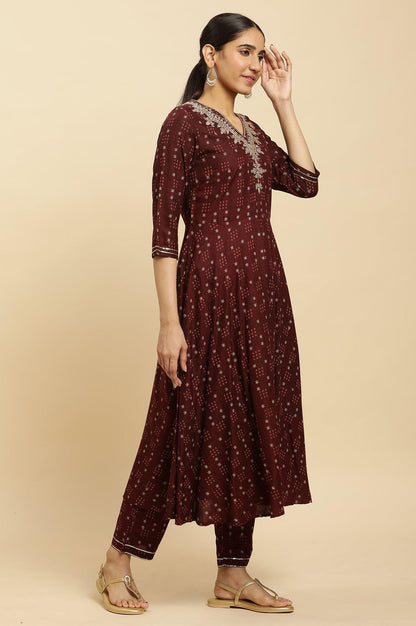 Brown Embroidered Flared Kurta, Pants And Dupatta Set - wforwoman