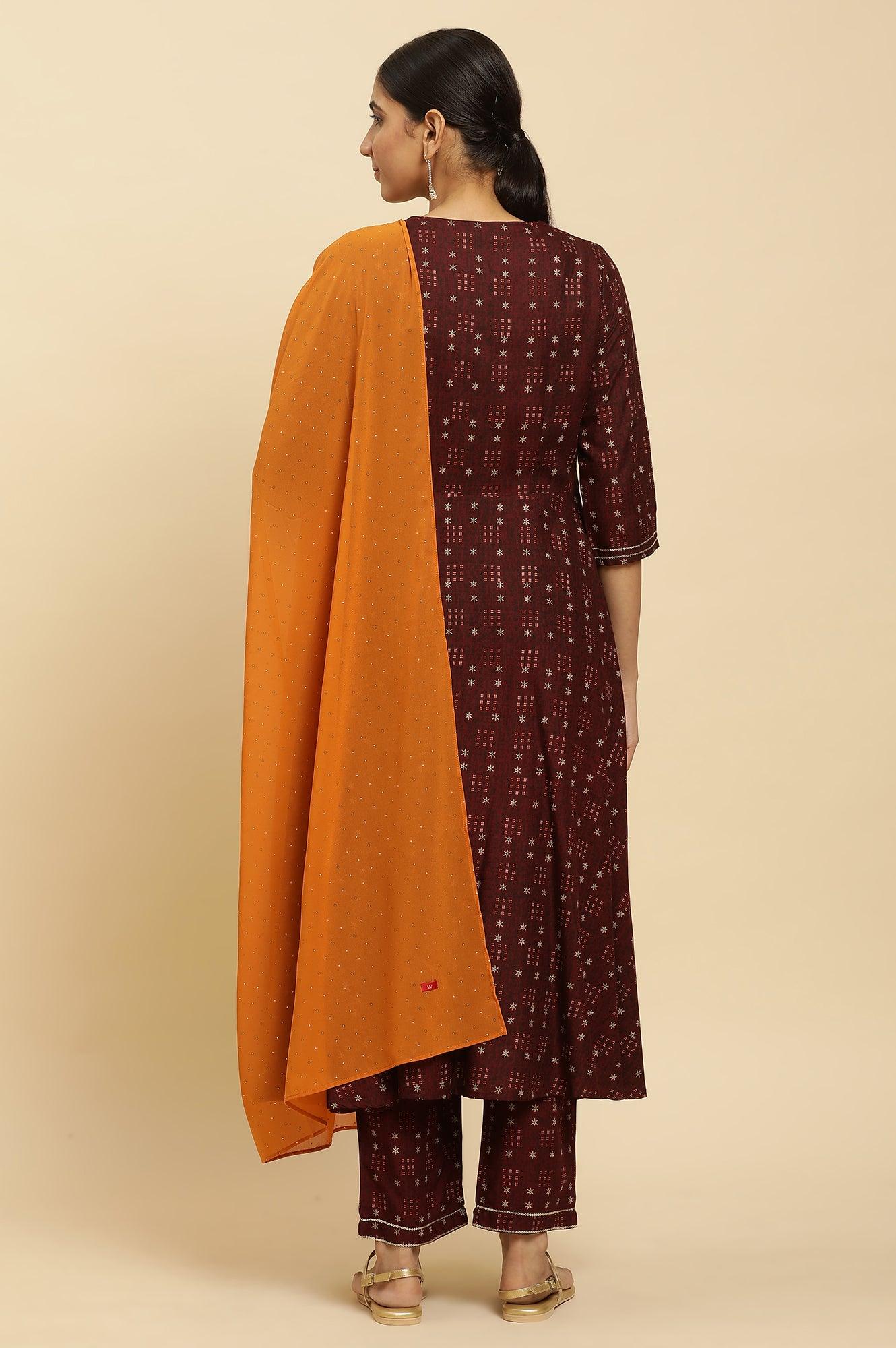 Brown Embroidered Flared Kurta, Pants And Dupatta Set - wforwoman