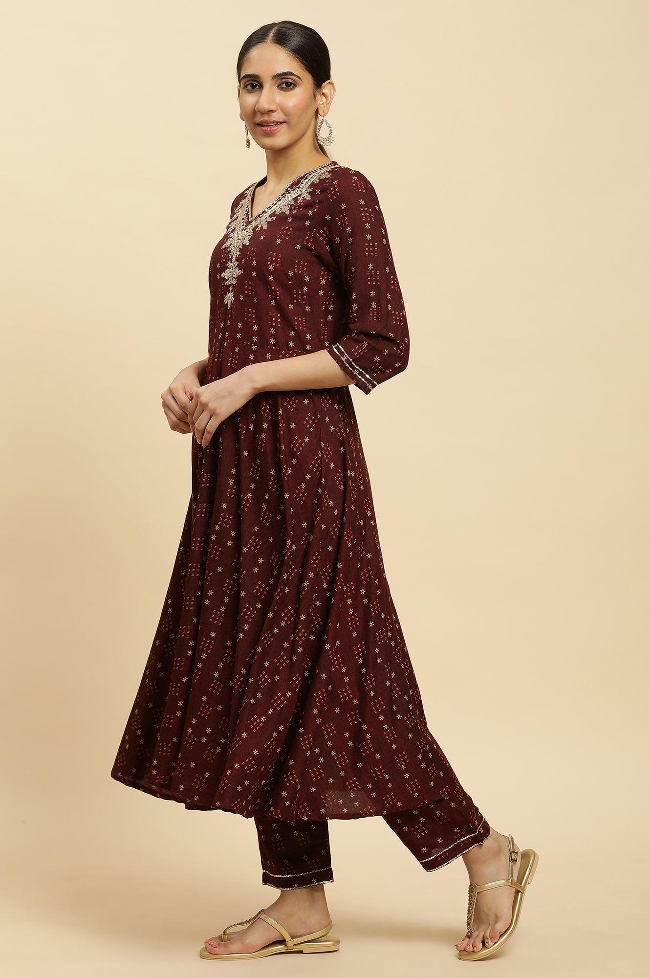 Brown Embroidered Flared Kurta, Pants And Dupatta Set - wforwoman