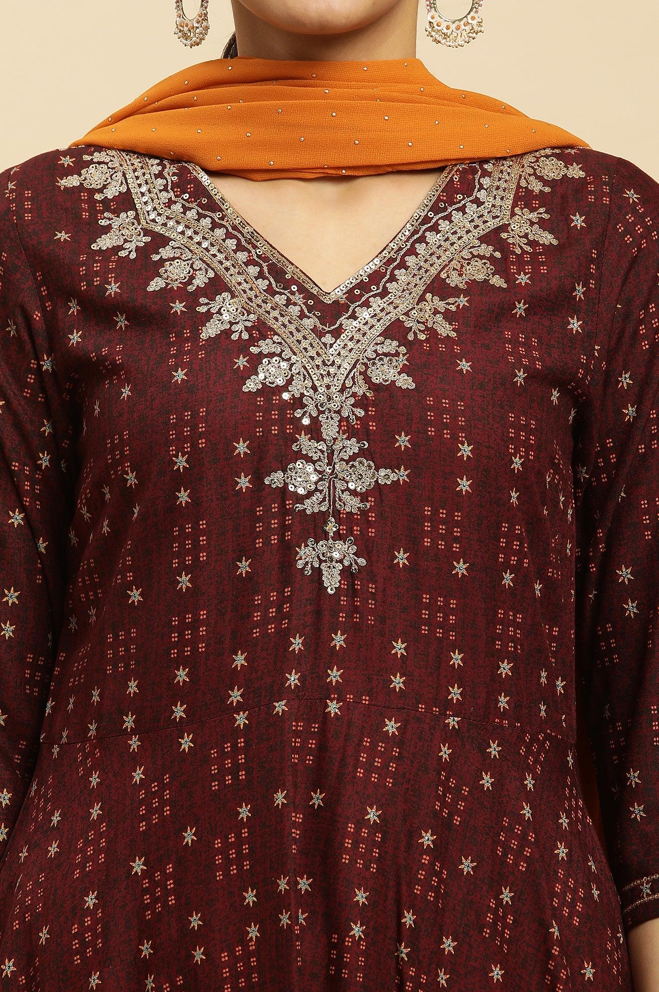 Brown Embroidered Flared Kurta, Pants And Dupatta Set - wforwoman