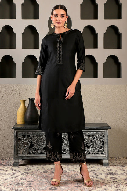 Black Embellished Keyhole Neck Straight Silk Kurta and Pants Set