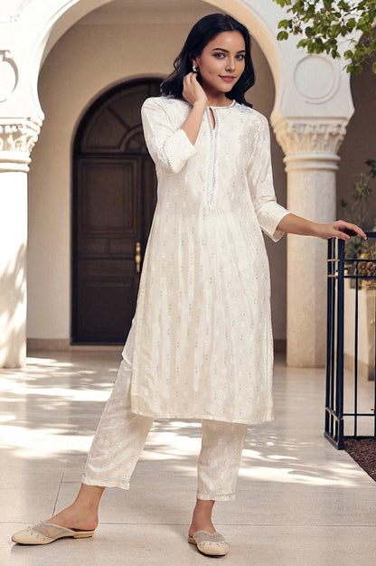 White Floral Glitter Printed Shantung Kurta And Pants Set