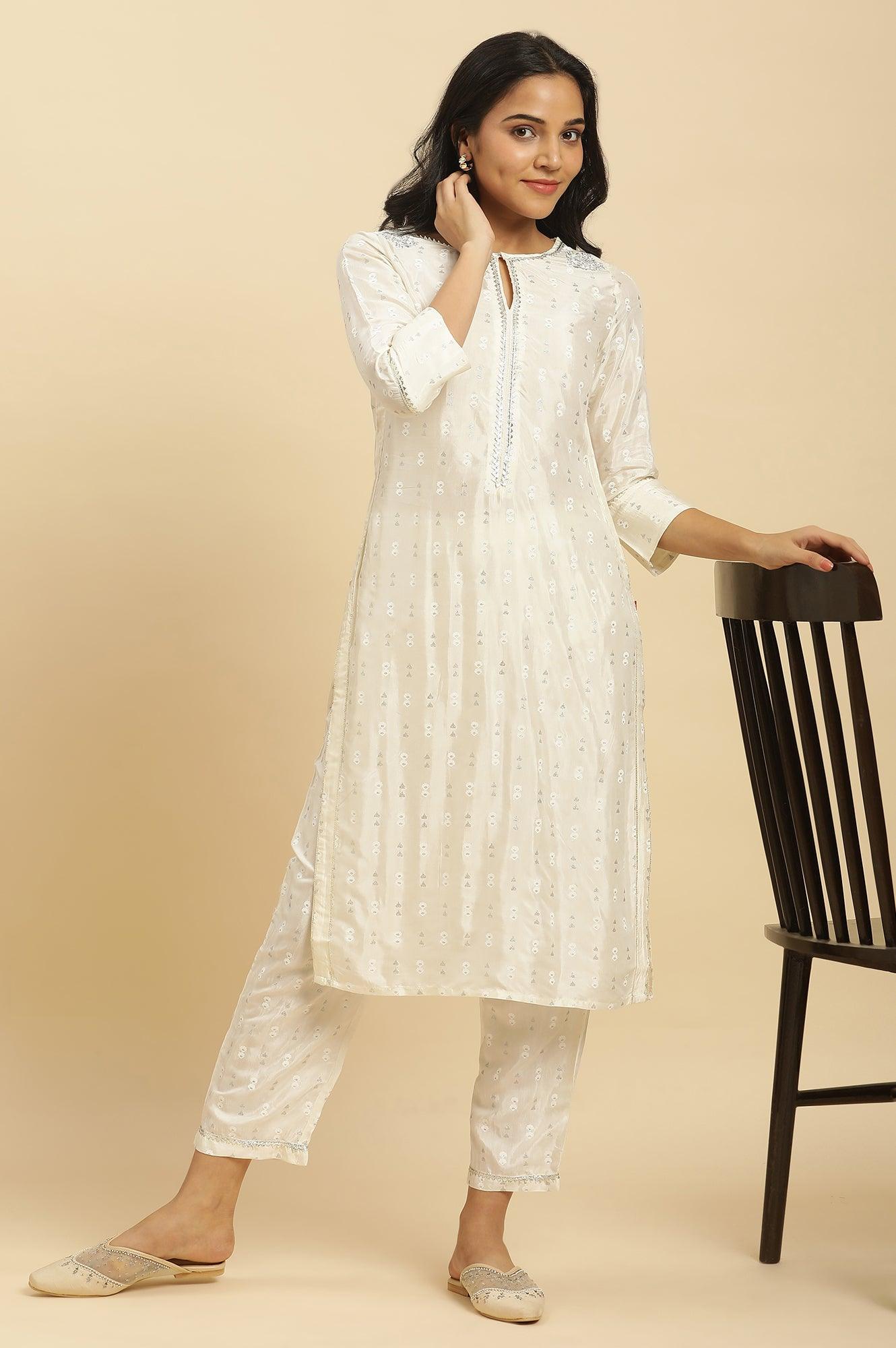 White Floral Glitter Printed Shantung Kurta And Pants Set - wforwoman