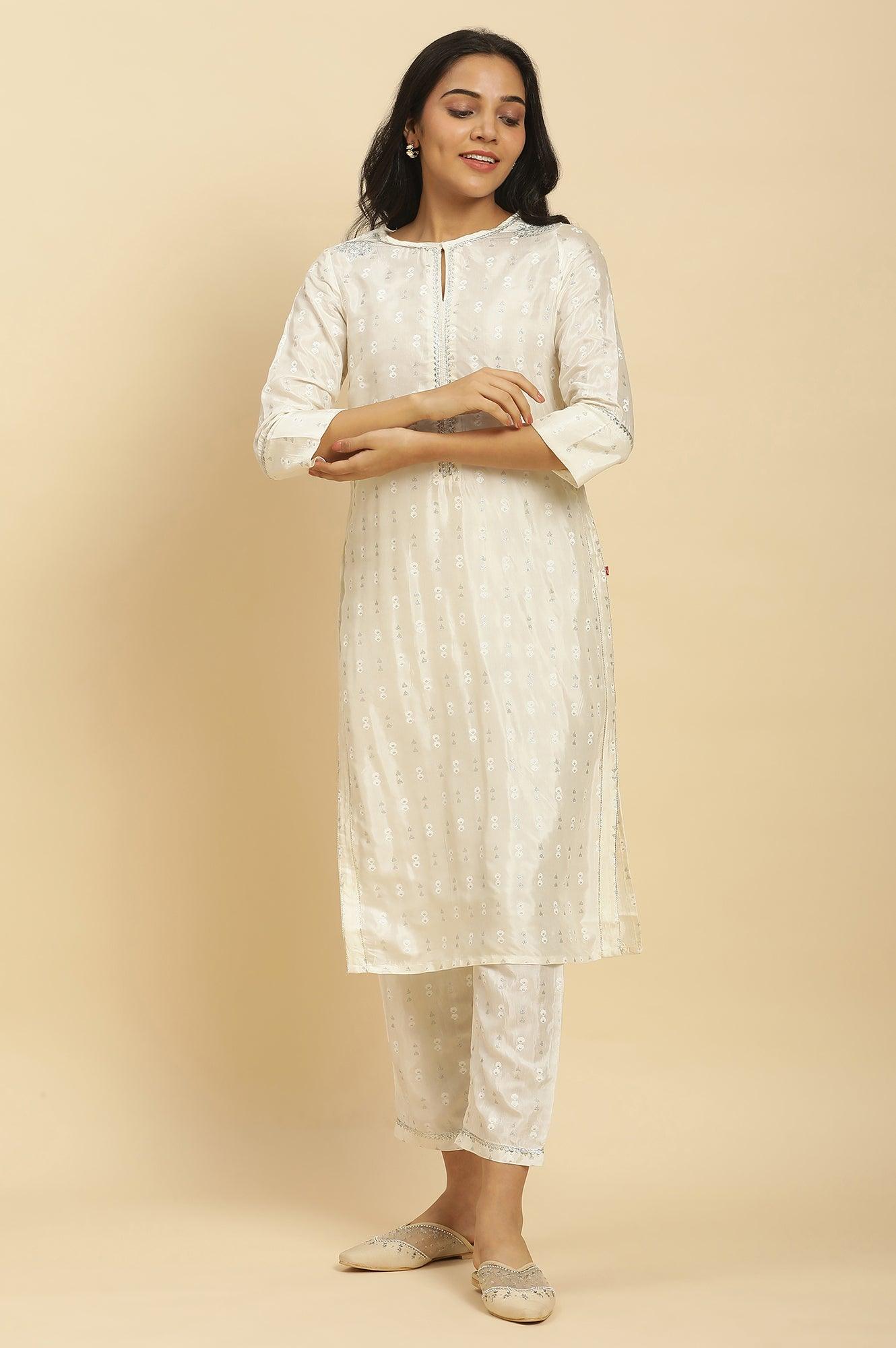 White Floral Glitter Printed Shantung Kurta And Pants Set - wforwoman