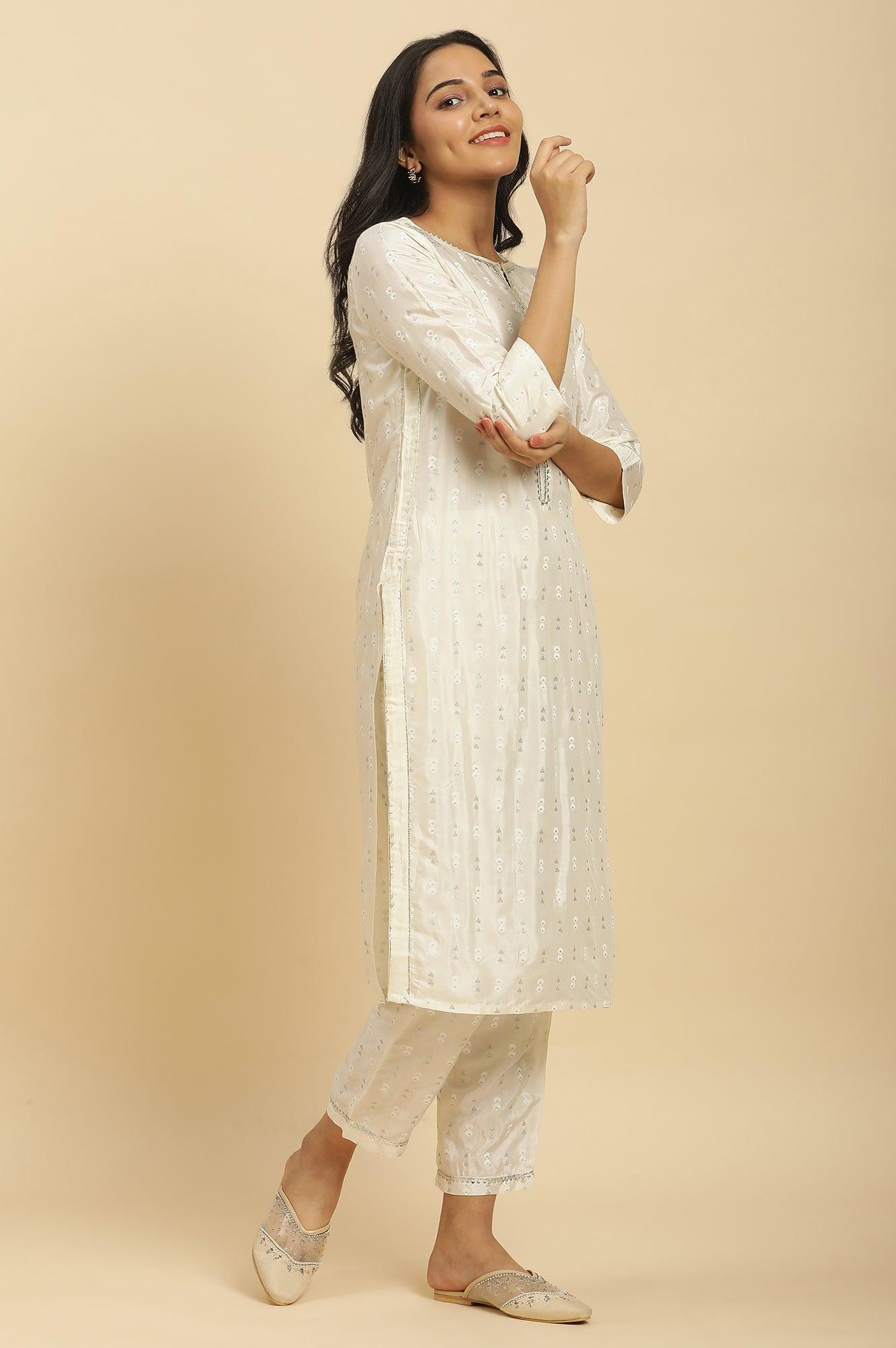 White Floral Glitter Printed Shantung Kurta And Pants Set - wforwoman