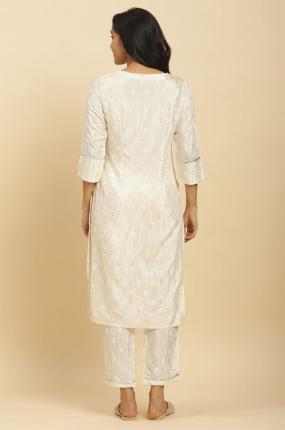 White Floral Glitter Printed Shantung Kurta And Pants Set - wforwoman