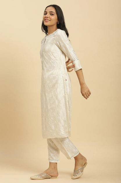 White Floral Glitter Printed Shantung Kurta And Pants Set - wforwoman