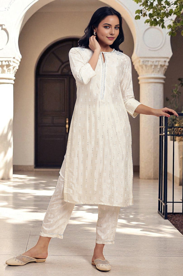 White Floral Glitter Printed Shantung Kurta And Pants Set