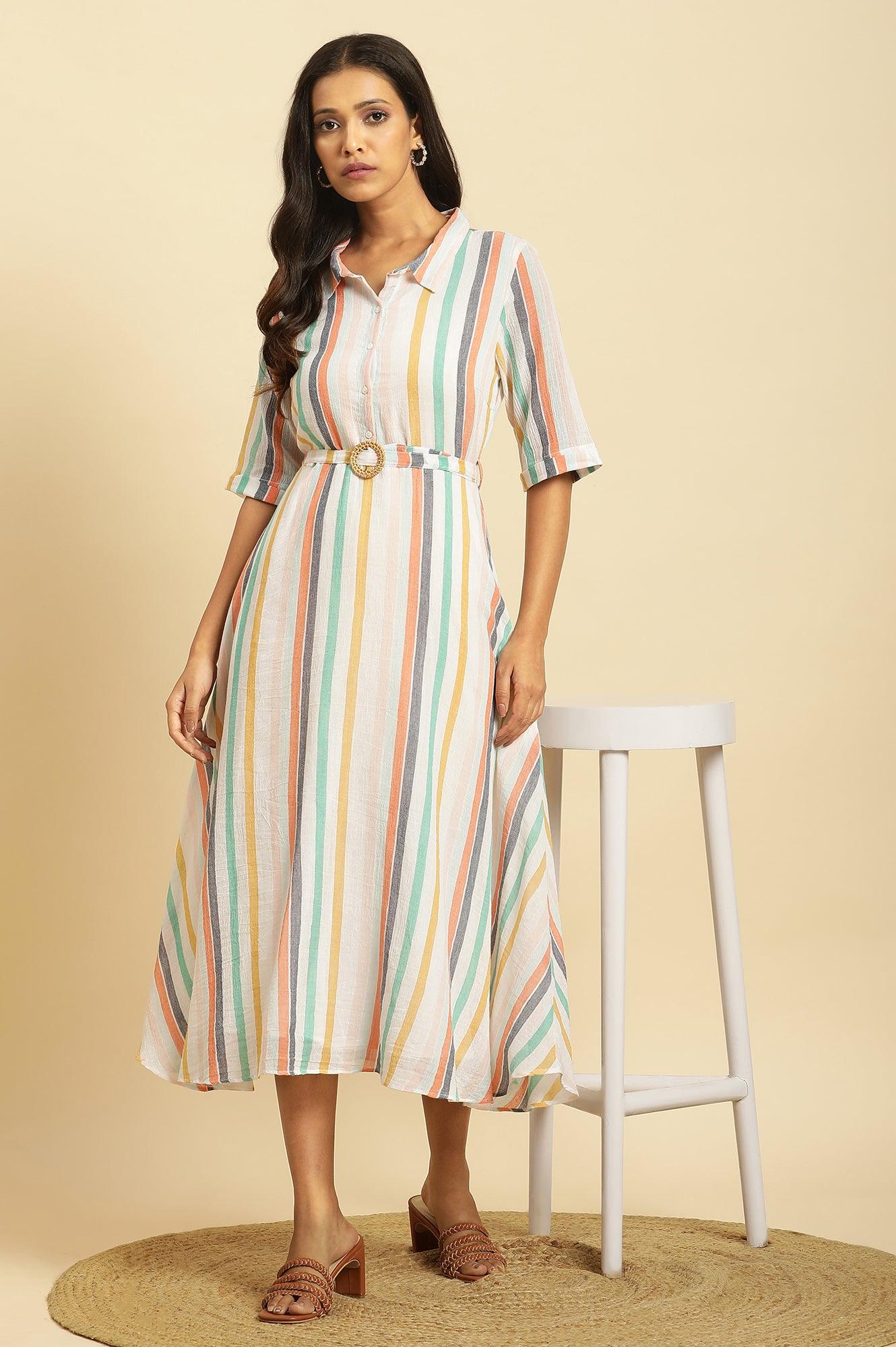 Ecru Flared Dress With Belt In Multi-Coloured Stripe Print - wforwoman