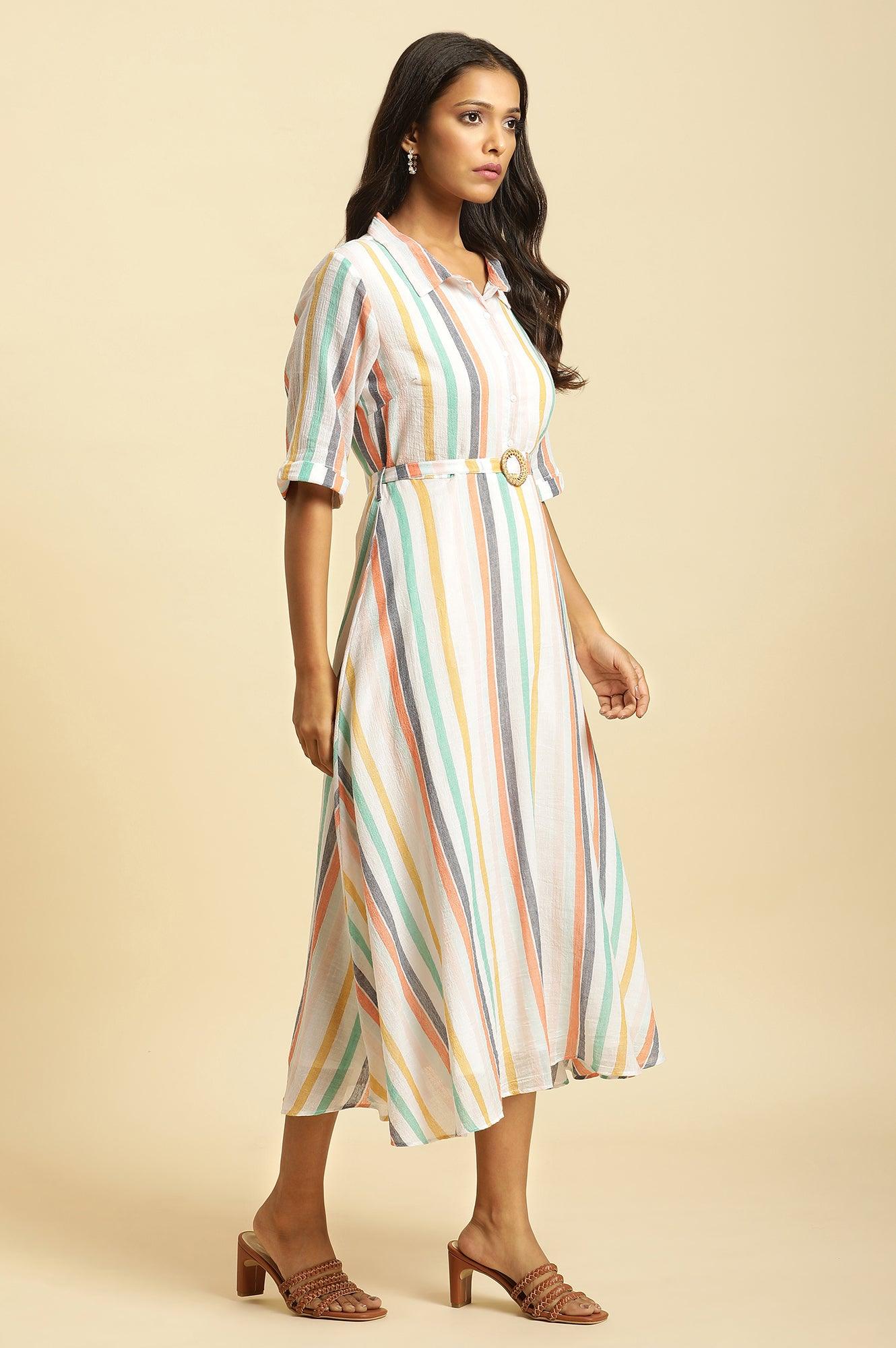 Ecru Flared Dress With Belt In Multi-Coloured Stripe Print - wforwoman