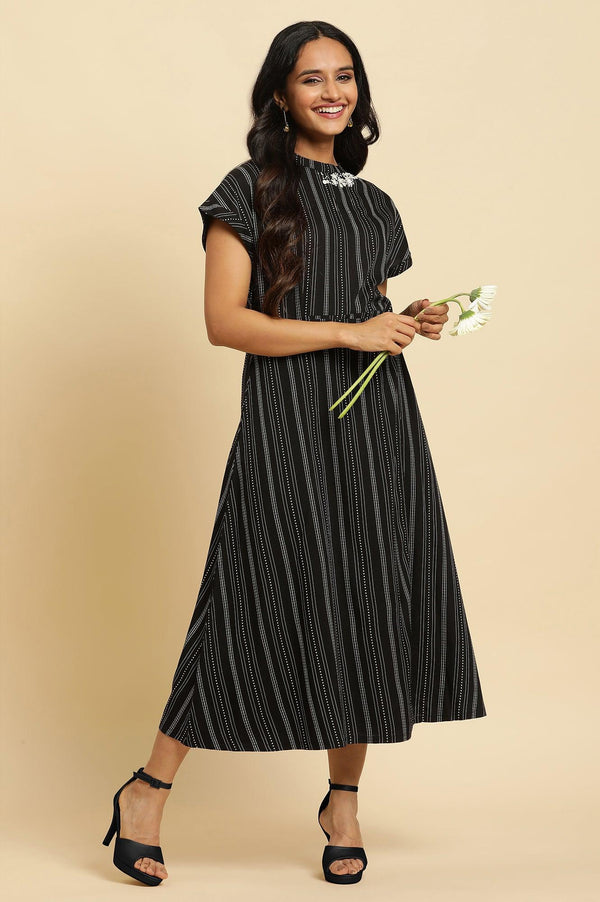 Black Embroidered Neck Stripe Western Dress