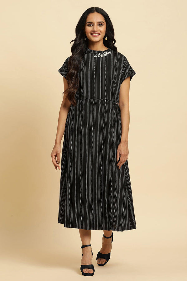 Black Embroidered Neck Stripe Western Dress