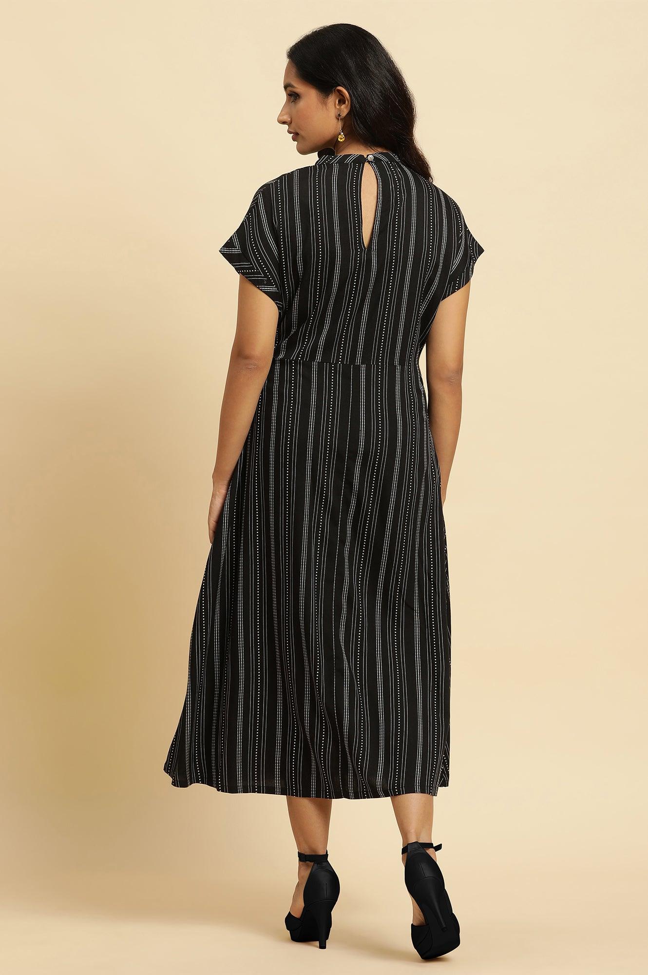 Black Embroidered Neck Stripe Western Dress - wforwoman