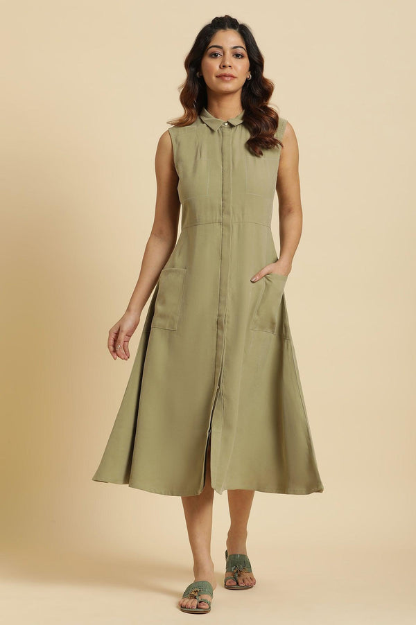 Green Solid A-Line Tailored Long Dress
