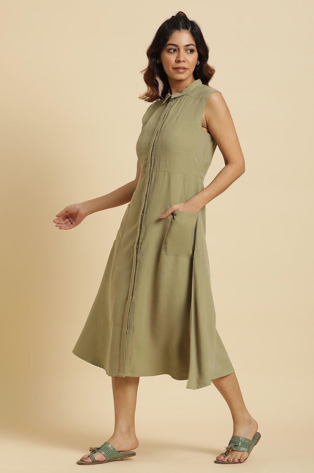 Green Solid A-Line Tailored Long Dress - wforwoman