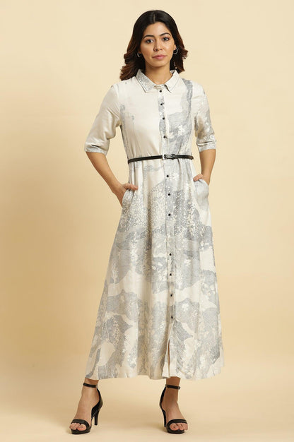 Ecru A-Line Placement Printed Long Western Dress - wforwoman