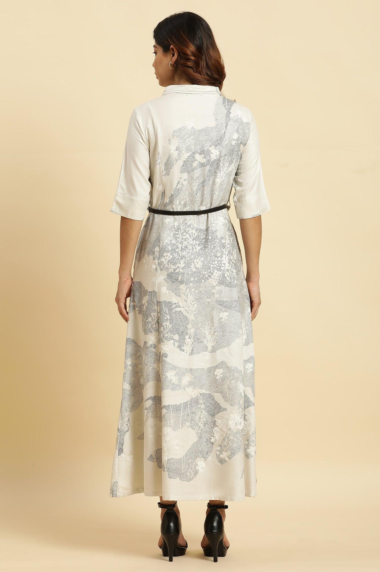 Ecru A-Line Placement Printed Long Western Dress - wforwoman