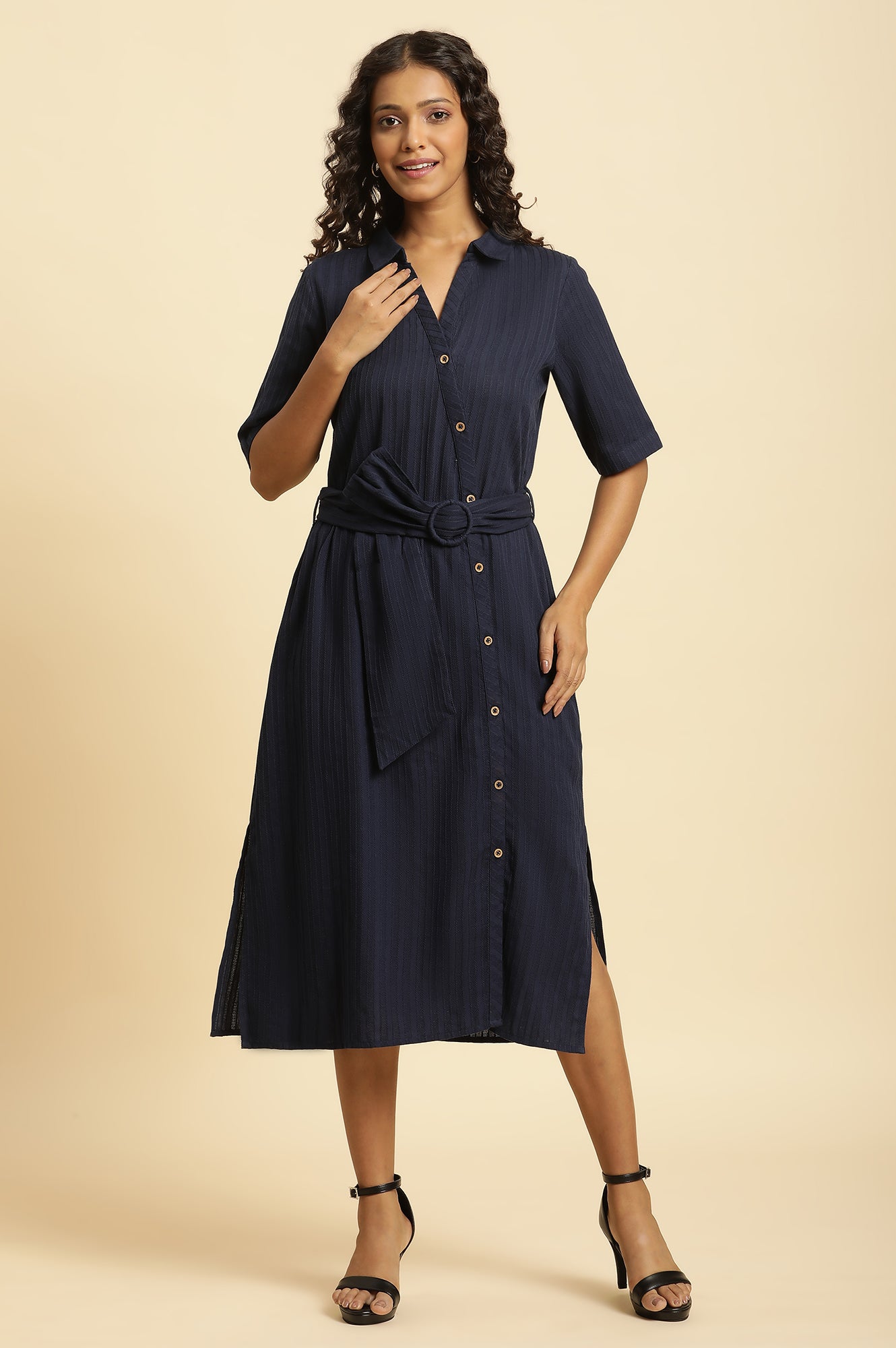 Blue Long Shirt Dress With Belt