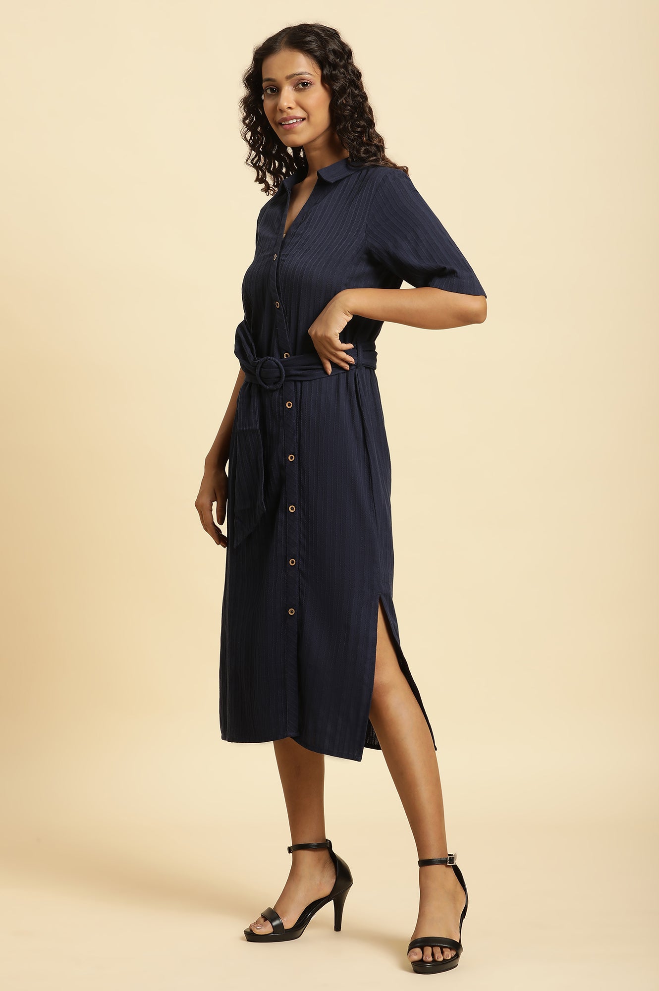 Blue Long Shirt Dress With Belt