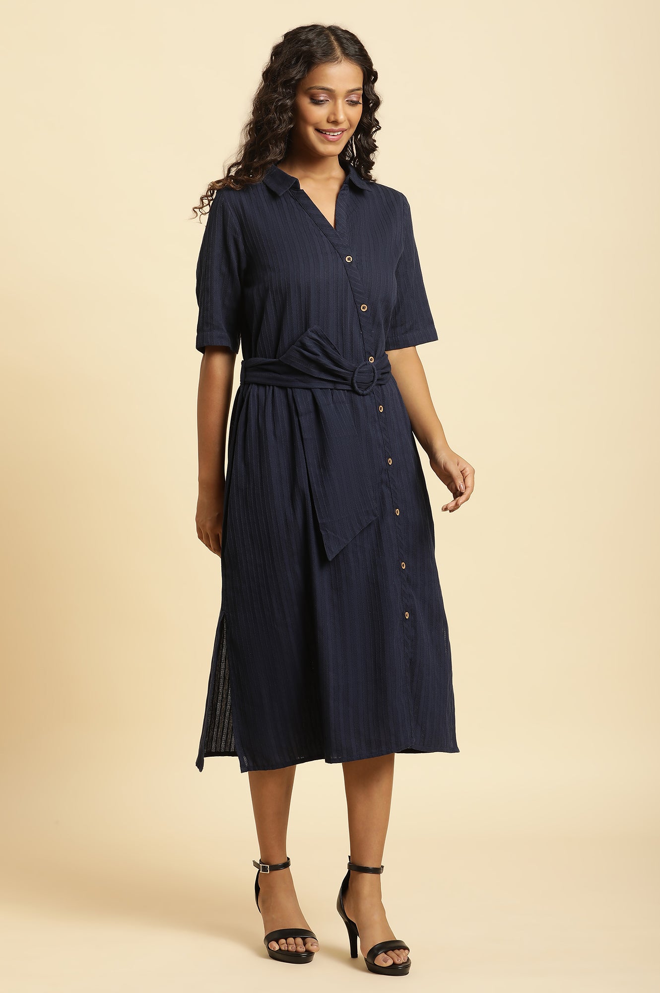 Blue Long Shirt Dress With Belt