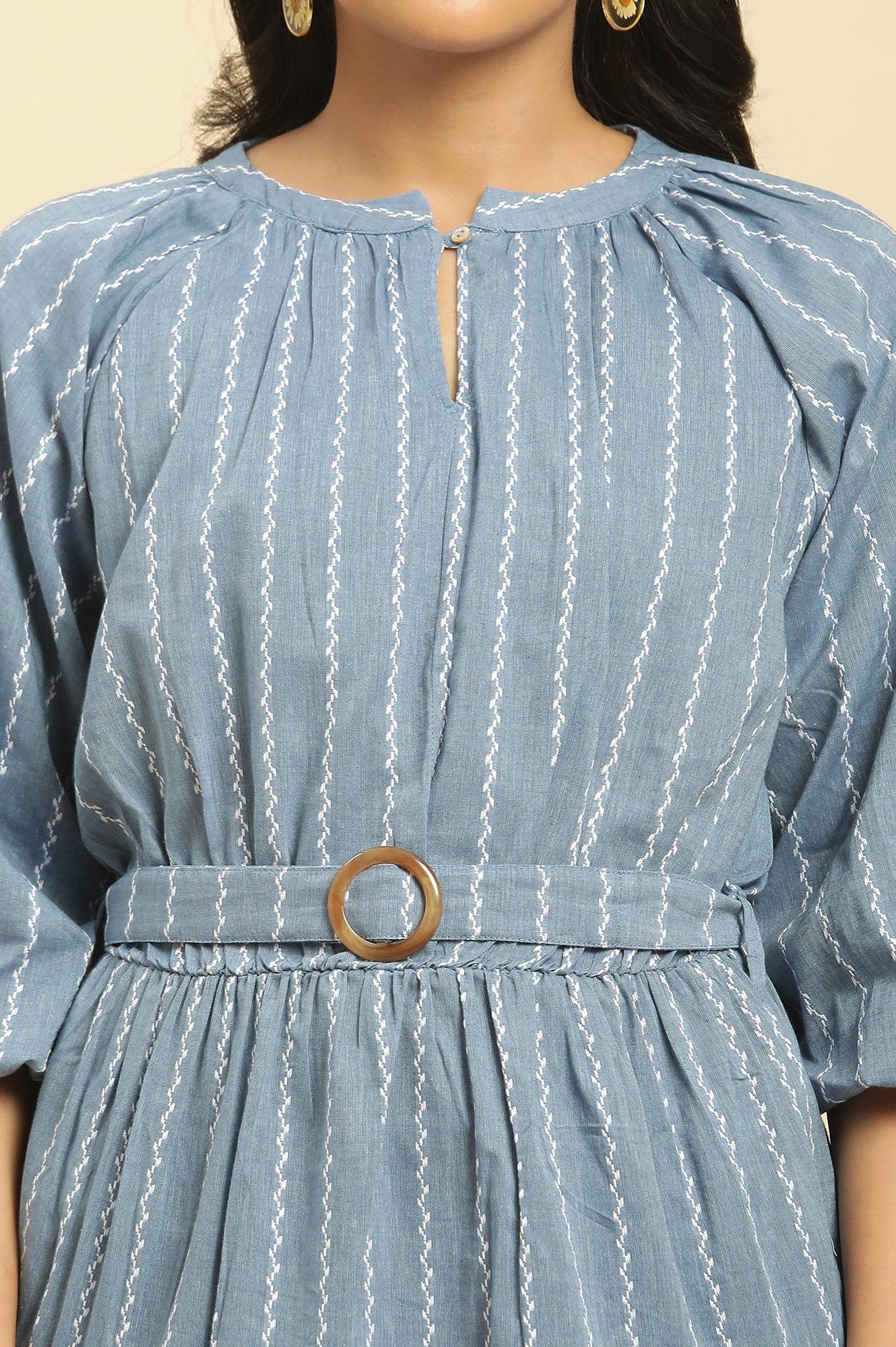 Blue Yarn Dyed Tiered Western Dress With Belt - wforwoman