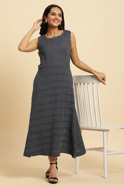 Navy Stripes Fit And Flare Dress With Embroidered Neck - wforwoman