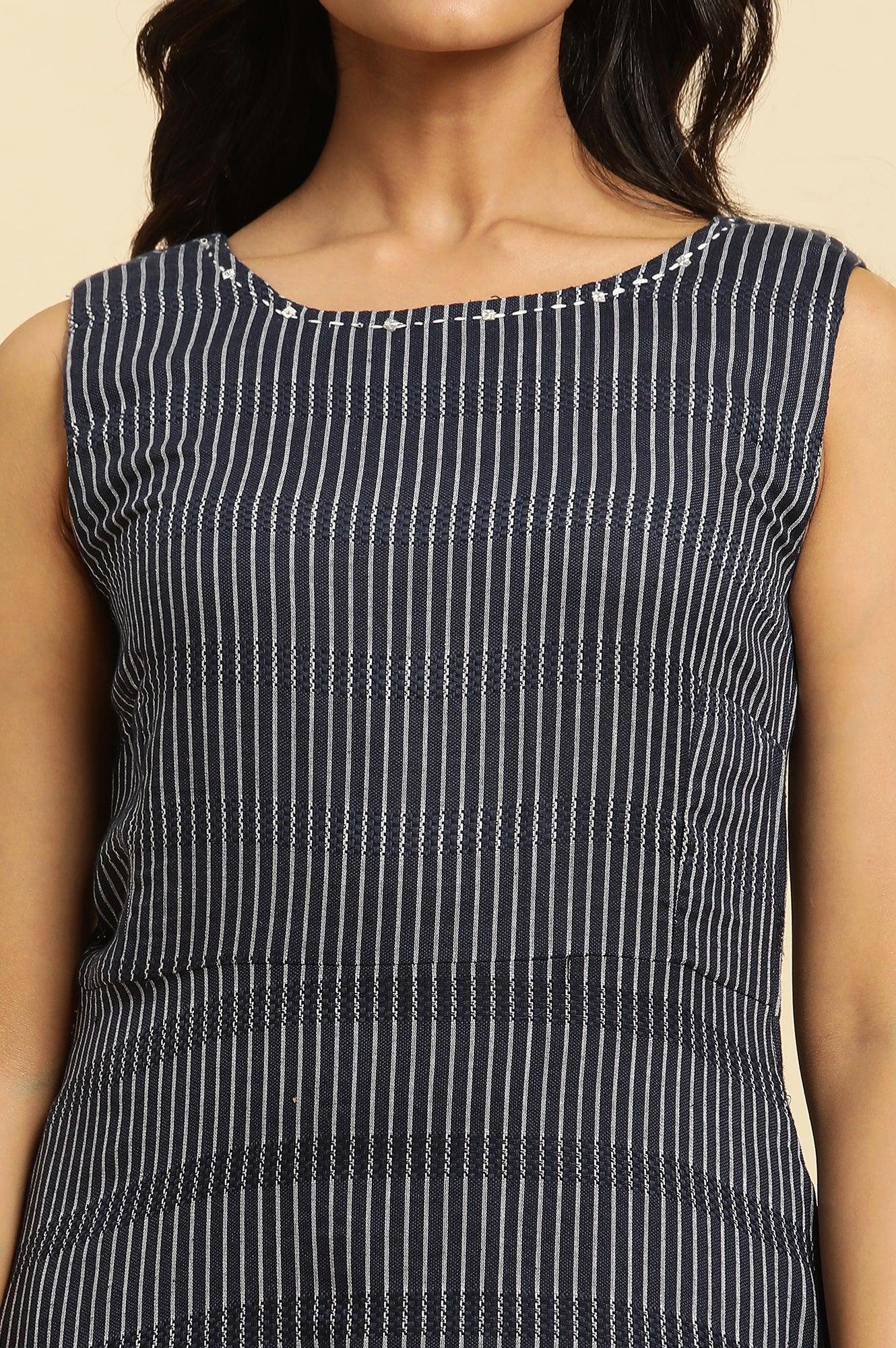 Navy Stripes Fit And Flare Dress With Embroidered Neck - wforwoman