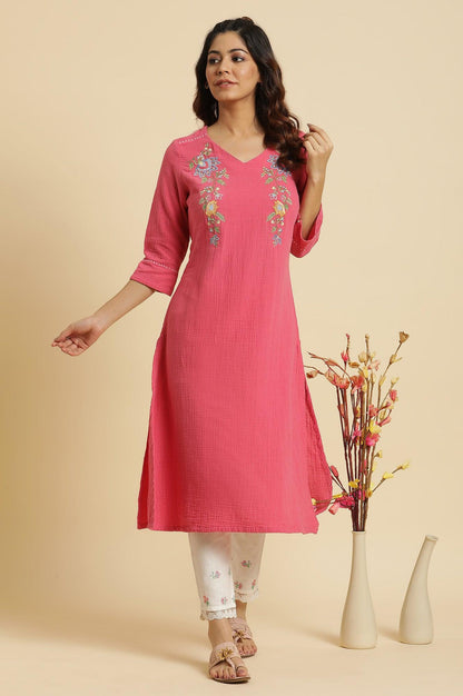 Pink Cotton Embroidered Kurta - wforwoman