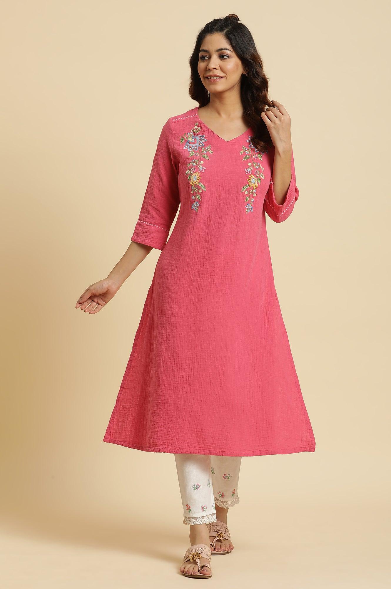 Pink Cotton Embroidered Kurta - wforwoman