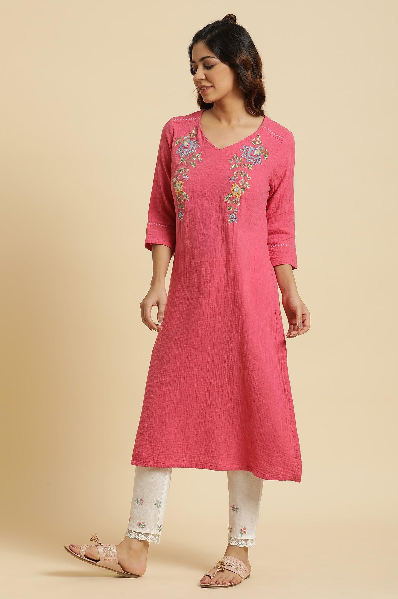 Pink Cotton Embroidered Kurta - wforwoman