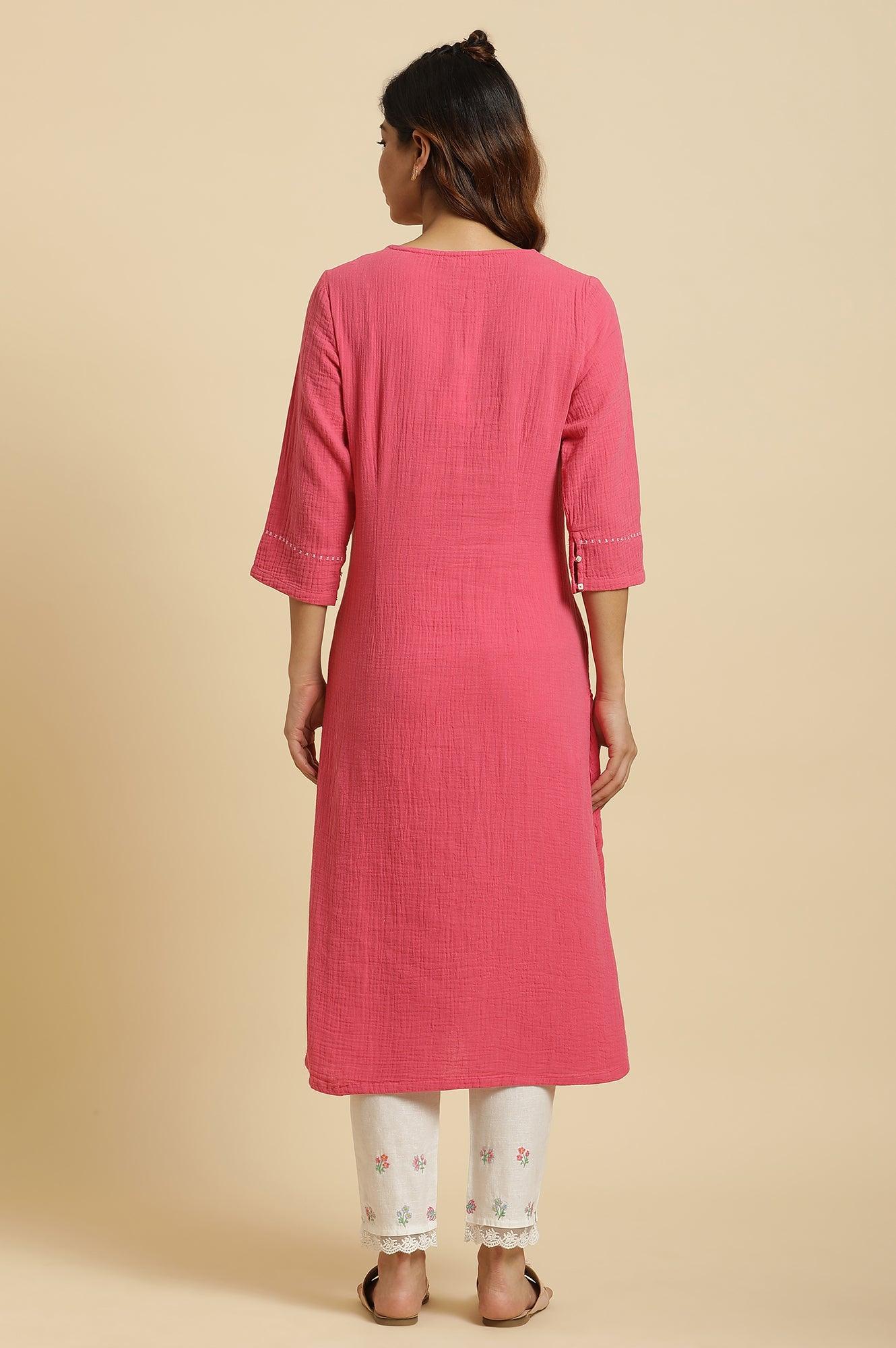 Pink Cotton Embroidered Kurta - wforwoman