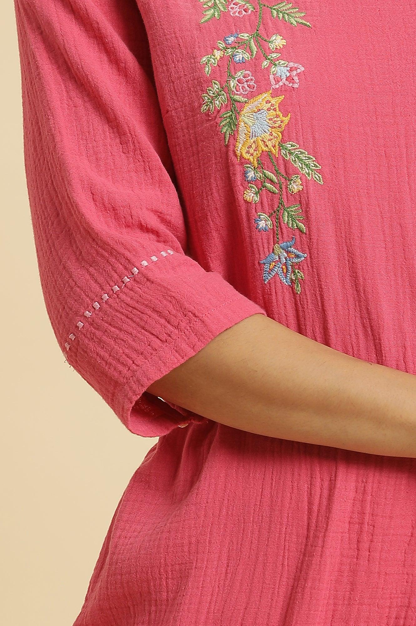 Pink Cotton Embroidered Kurta - wforwoman