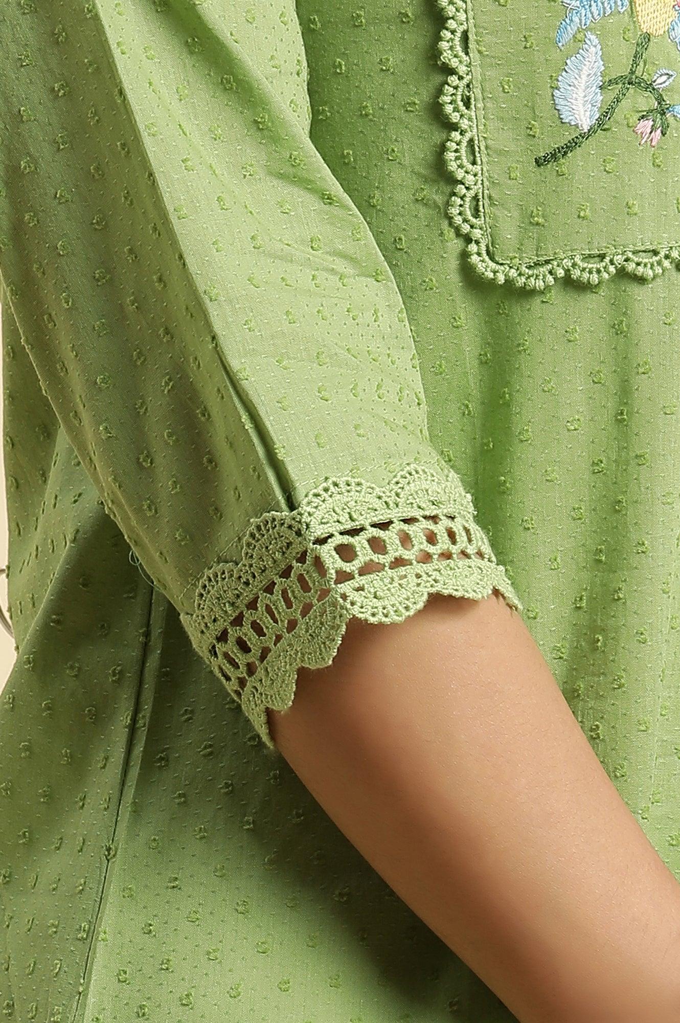 Green Floral Embroidered Cotton Kurta - wforwoman