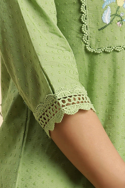 Green Floral Embroidered Cotton Kurta - wforwoman