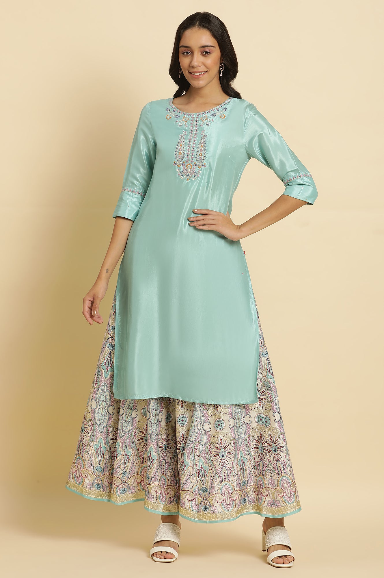 Bright Blue Embroidered Kurta - wforwoman