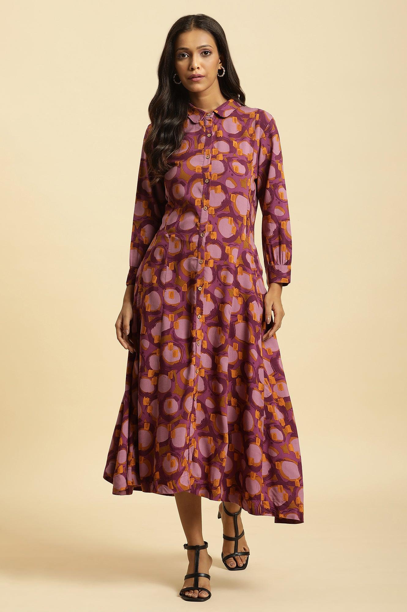 Purple Abstract Printed A-Line Western Dress - wforwoman