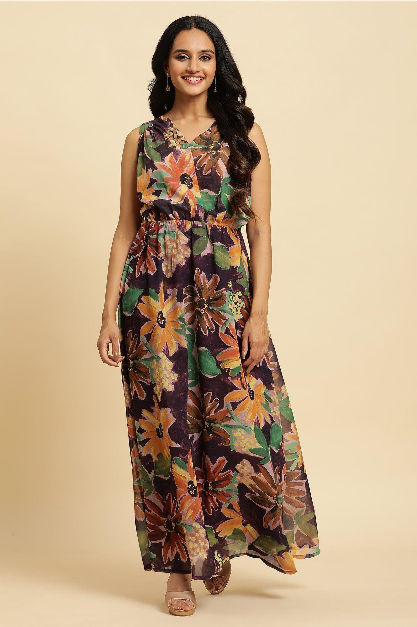 Dark Purple Floral Printed Vacay Dress - wforwoman